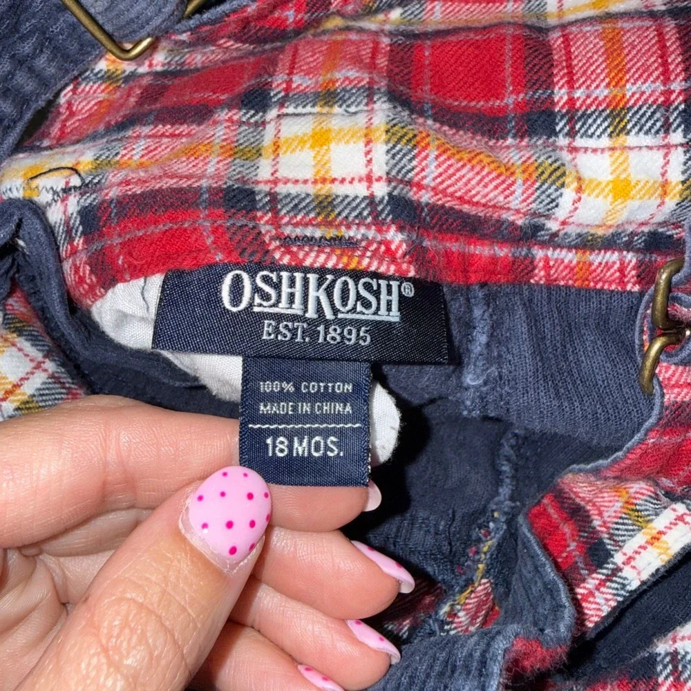 OshKosh Corduroy Overalls Kids 18M Navy Blue Excellent Plaid Lined Cargo Bibs